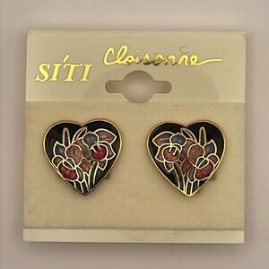 Vintage New Old Stock Floral Heart Shaped Cloisonné Clip-On Earrings (CN24)